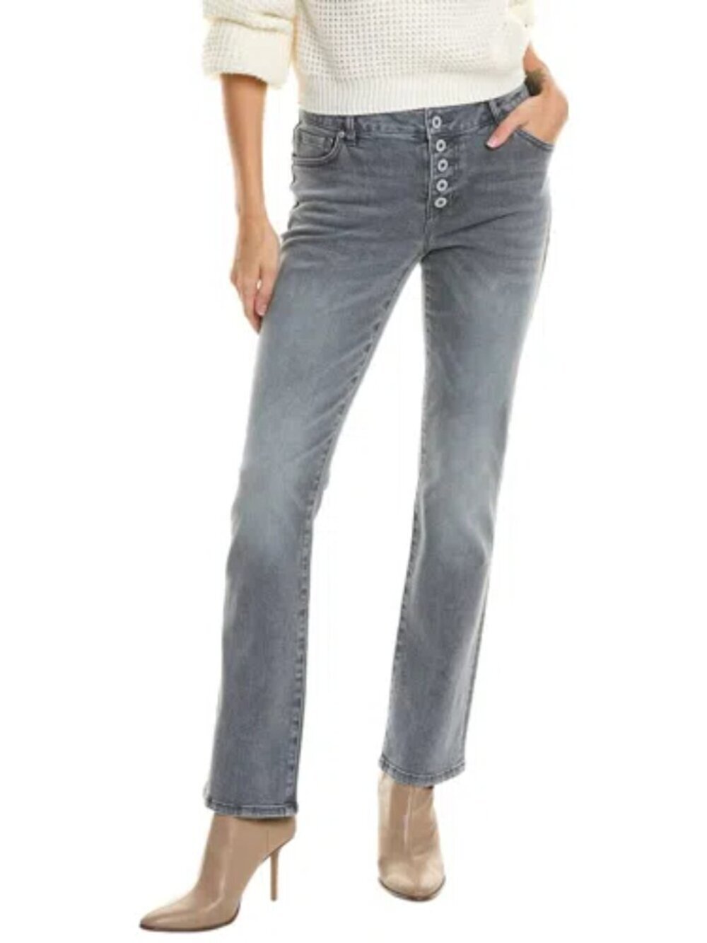 Cabi button fly straight jeans gray denim pants exposed mid-rise stretch new 00